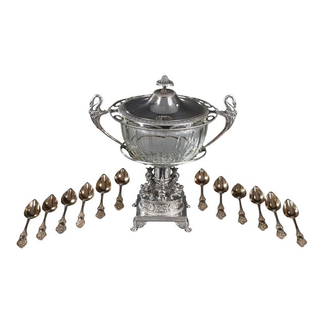 Silver and Cut-Crystal Confiturier with Spoons, Set of 13 For Sale