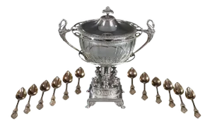 Silver and Cut-Crystal Confiturier with Spoons, Set of 13