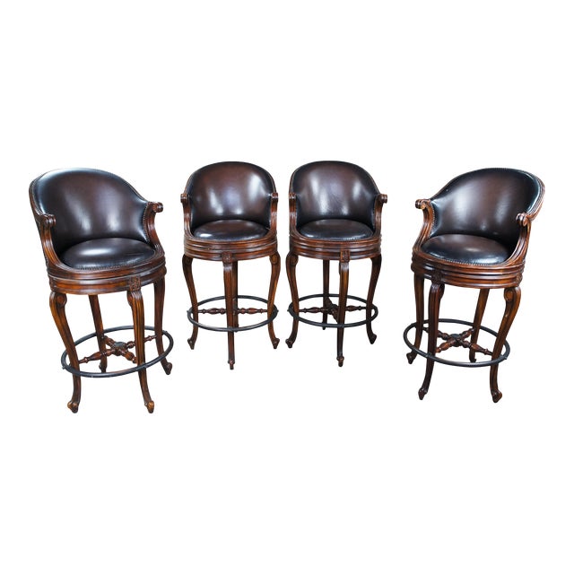 Late 20th Century Theodore Alexander Napoleon III Mahogany Scoop Back Brown Leather Bar Stool - Set of 4 For Sale