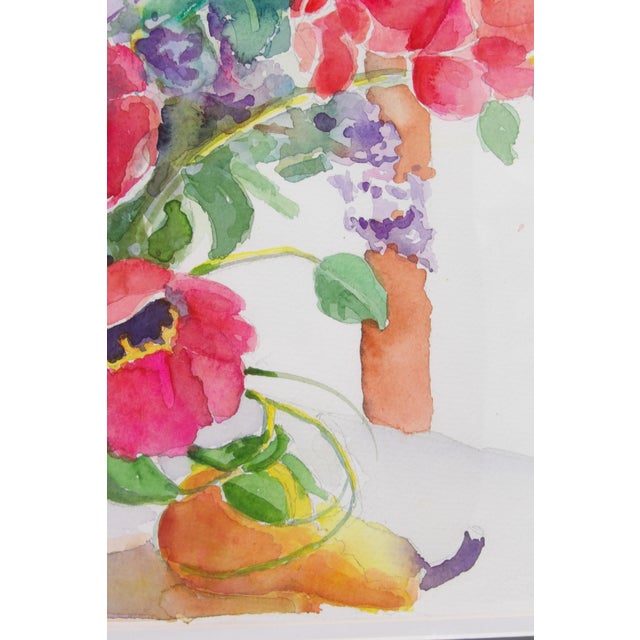 1990s Original Signed Impressionist Floral Watercolor Painting | Red Poppies, Lilacs & Pear Still Life | Signed For Sale - Image 6 of 11
