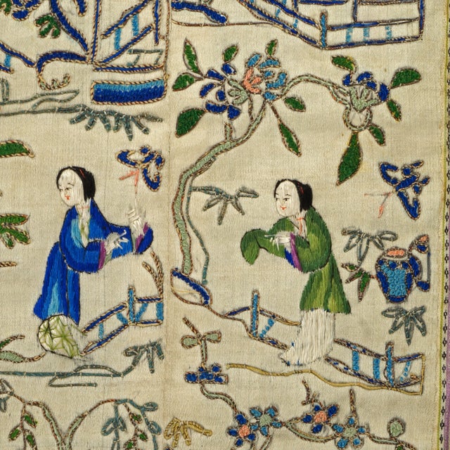 1900 - 1909 Chinese Embroidered Silk Sleeve Panels Beauties in Garden Late Qing For Sale - Image 5 of 9