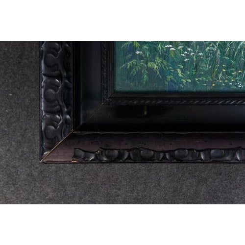 Object: Framed oil painting Period & Style: Circa 1925 Features: Oil on canvas, in a stucco-modeled, black lacquered...
