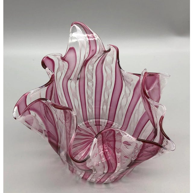 1990s Vintage Latticino Murano Style Cranberry & White Art Glass Handkerchief Vase For Sale - Image 5 of 6