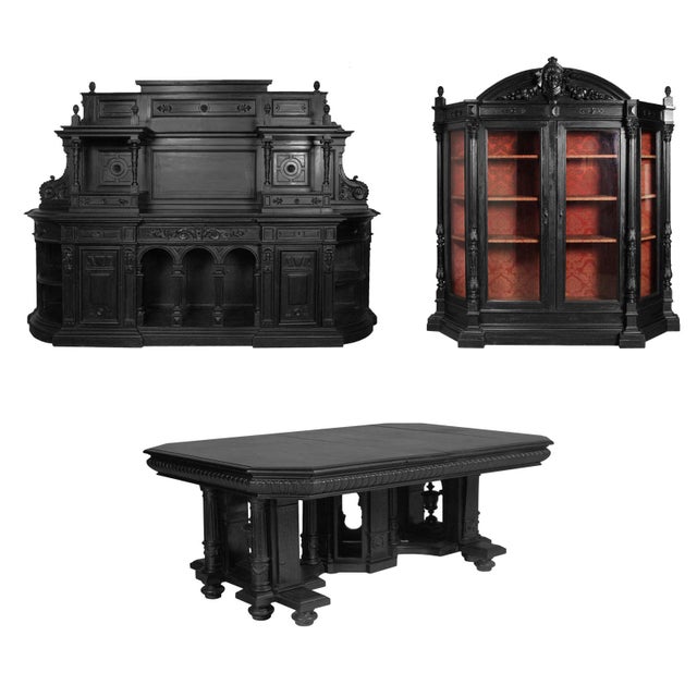 This monumental and important Renaissance style Palladio highboard is made of ebonized solid hand-carved walnut from a...