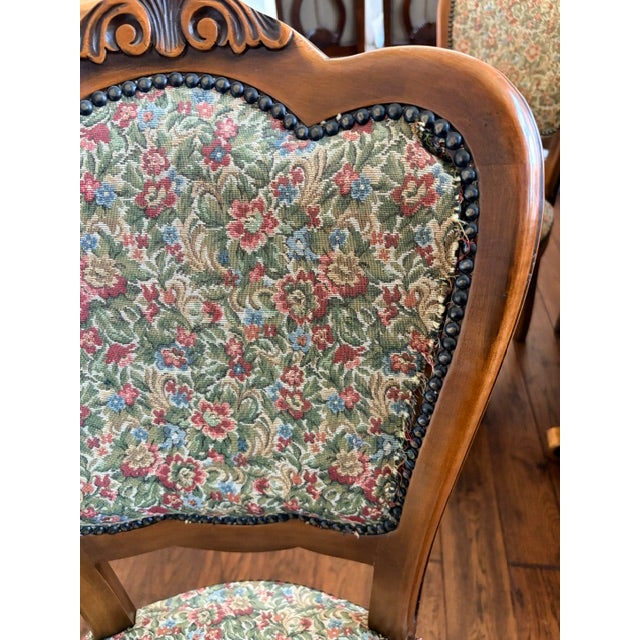 Brown Vintage Italian Provincial Baroque-Style Floral Marquetry Dining Table and 8 Chairs For Sale - Image 8 of 9