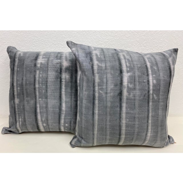Pair of 20" Square Pillows With a Modern Gray & White Tie-Dye-Like Striped Pattern - Made in UK. Measures 20" X 7" X 20"...