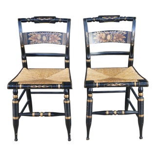 2 Antique L. Hitchcock Black Gold Stenciled Farmhouse Harvest Rush Seat Chairs For Sale
