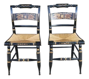 2 Antique L. Hitchcock Black Gold Stenciled Farmhouse Harvest Rush Seat Chairs