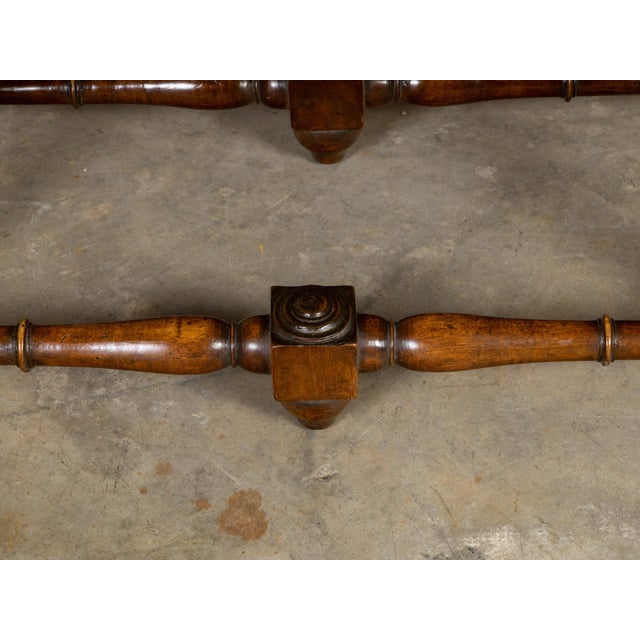 Italian 1820s Walnut Bench with Red Fabric, Turned Legs and Stretchers For Sale - Image 10 of 11