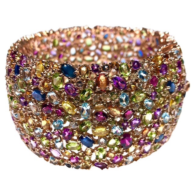 Bochic “Capri” Vintage Multi Sapphire & Multi Gem Bangle Set In 18K Gold & Silver Natural Fancy Sapphire, Citrine,...