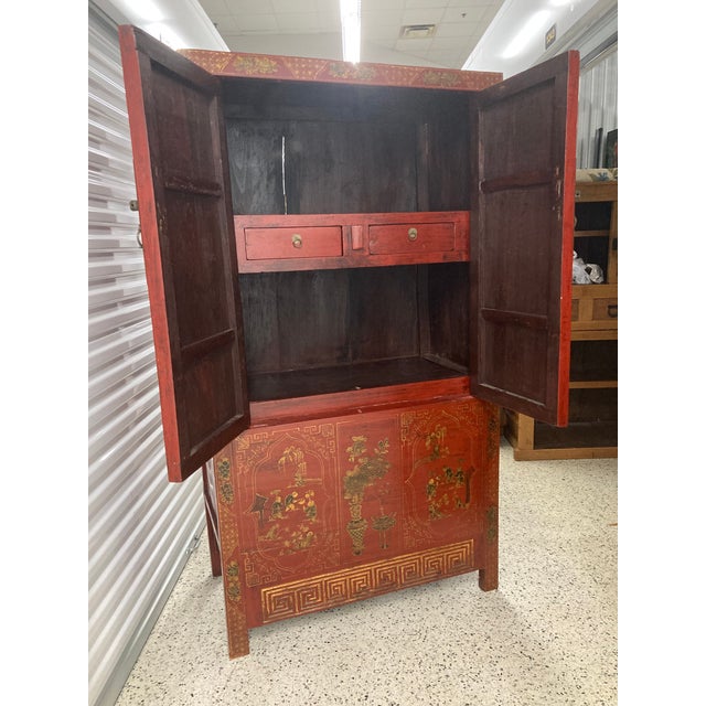 Late Qing Dynasty Chinese Red Lacquered Tall Wedding Chest For Sale - Image 9 of 12