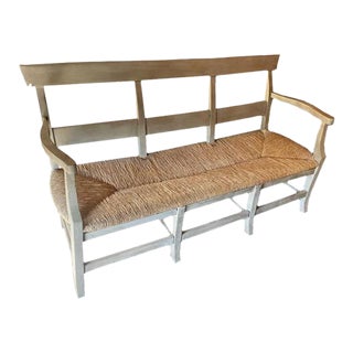 French Provincial Clean Lined Bench Sofa With Caned Seat Original Taupe Gray For Sale