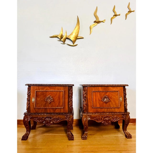 Mid 20th Century Pair of Carved Wood French Style Nightstands End Tables Figured Veneer Cabinets For Sale - Image 12 of 12