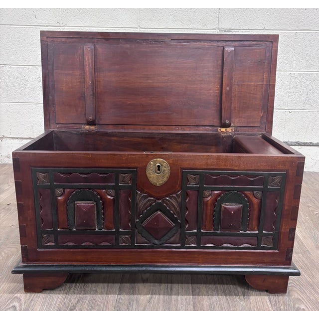Indian Antique Indian Rajasthani Geometric Carved Solid Hardwood Bridal Dowry Chest For Sale - Image 3 of 12