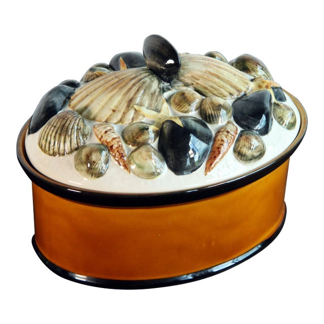 Vintage Majolica Ceramic Shellfish Lidded Casserole Serving Bowl For Sale
