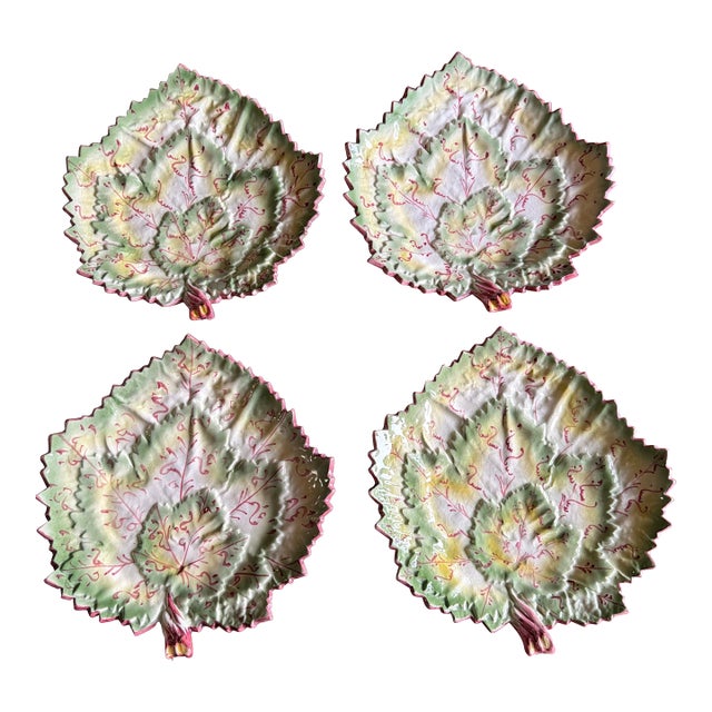 A Vintage Set of 4 Faianças Belo Portugal Majolica Geranium Leaf Dishes, Circa 1970's For Sale