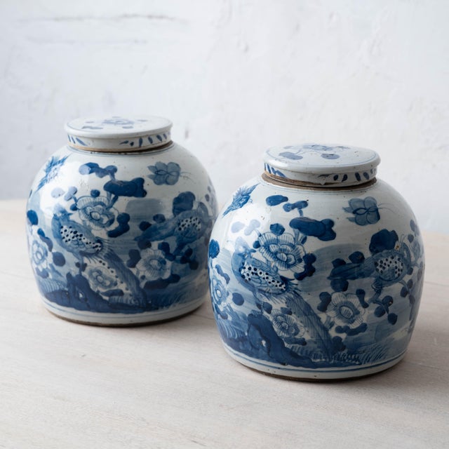 A pair of Chinese blue and white porcelain ginger jars, each with a flush-fitting flat lid, painted in cobalt blue with...
