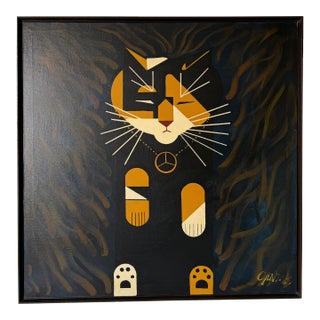 Large Vintage Abstract Geometric Cat Acrylic on Canvas – Framed For Sale