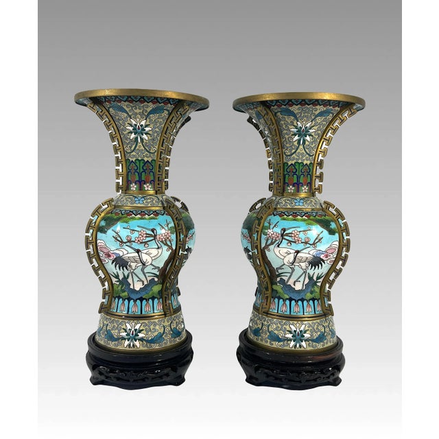 Mid 20th Century Chinese Jingfa Blue & Gold 'Dragon Back' Cloisonne Beaker Form Vases With Auspicious Cranes & Lotus - A Pair on Wood Stands For Sale - Image 5 of 12