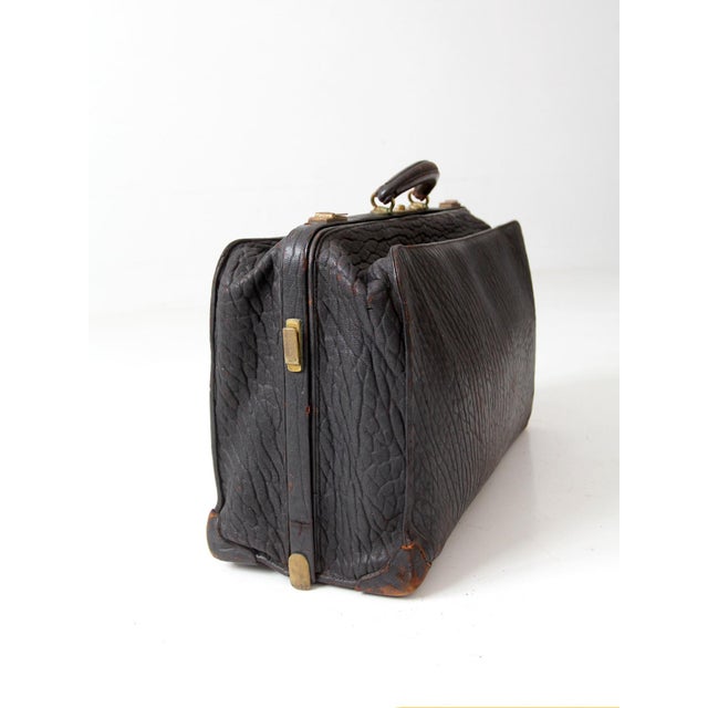 Antique 1920s Black Leather Suitcase With Brass Hardware For Sale - Image 11 of 14