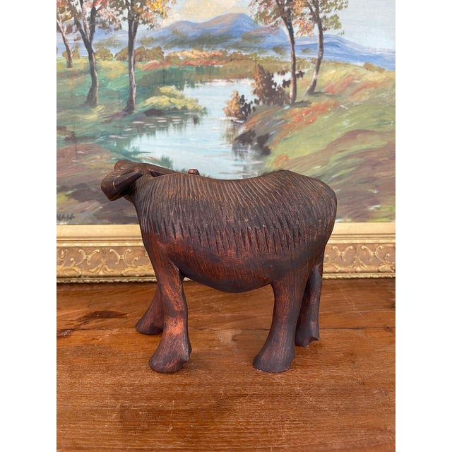 Wood Vintage Hand-Carved Wooden Water Buffalo Sculpture With Textured Detailing. For Sale - Image 7 of 8