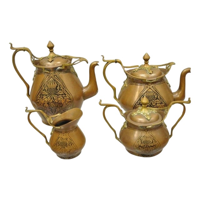 Late 19th Century Carl Deffner Copper German Art Nouveau Thistle Tea Set - 4 Pc Set For Sale
