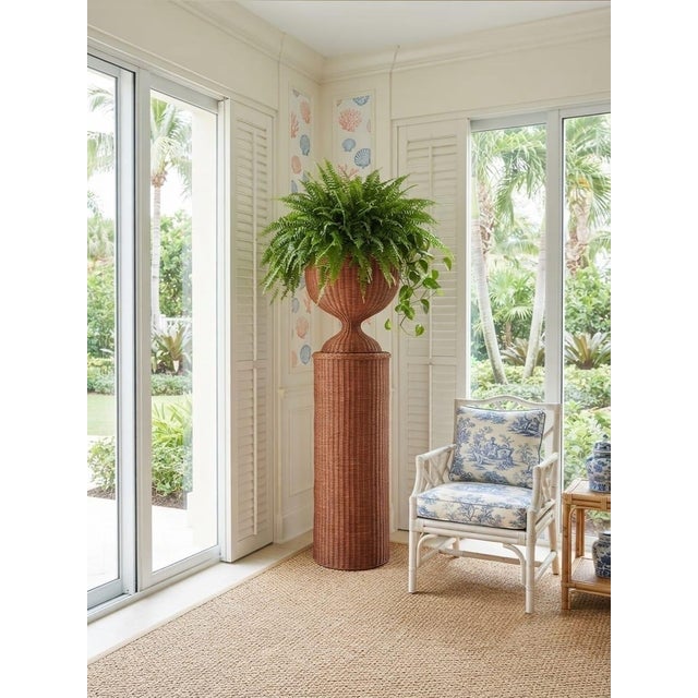 Vintage Mid-Century Woven Wicker Pedestal Urn Planter | Boho Chic Rattan Floor Stand For Sale - Image 11 of 12