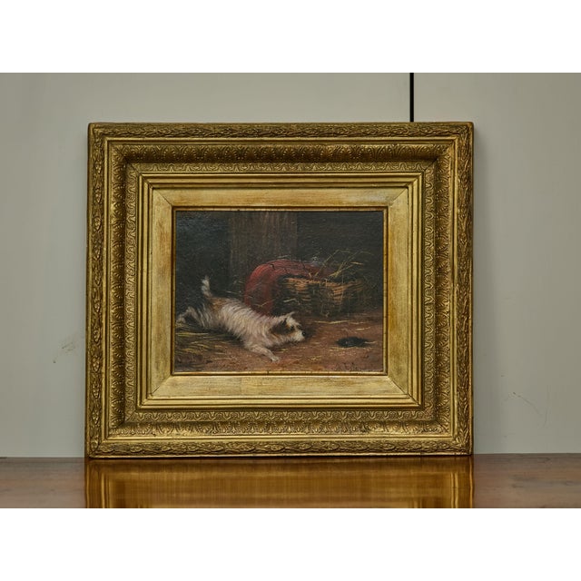 19th Century J. Langlois Oil on Board Dog Painting of a Terrier Chasing a Mouse in Gilt Frame For Sale - Image 5 of 12