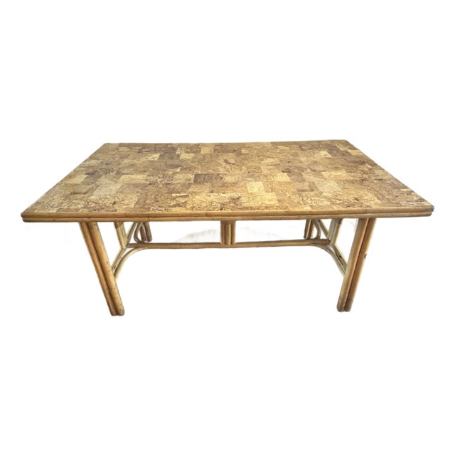 Late 20th Century Tessellated Olive Ash Burlwood and Pencil Reed Dining Table - Organic Modern For Sale