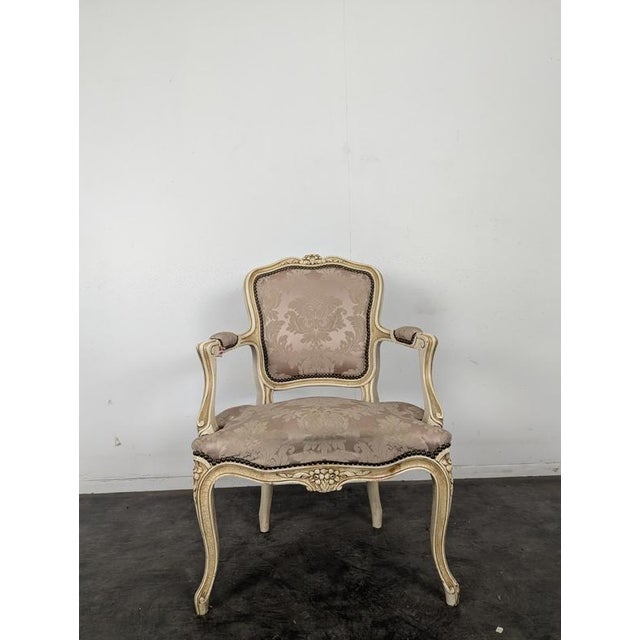 Louis XV Style Cream Lacquered Cabriolet Armchair and Damask Fabric, in Very Good conditions.