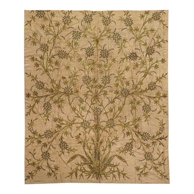 Vintage Embroidered Botanical Textile Panel With Metallic Thread For Sale