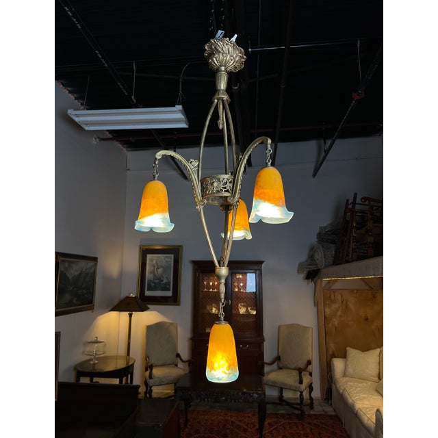 Vintage Muller Frères Lunéville French Brass and Art Glass Four Light Chandelier For Sale - Image 14 of 15