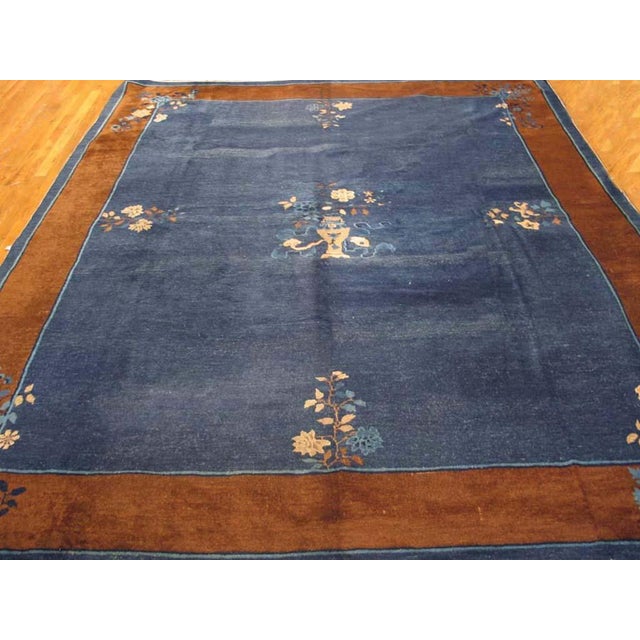 Art Deco 1900s Navy Blue Floral Antique Chinese Peking Rug 8'3" X 9'9" Handknotted Wool Carpet For Sale - Image 3 of 6