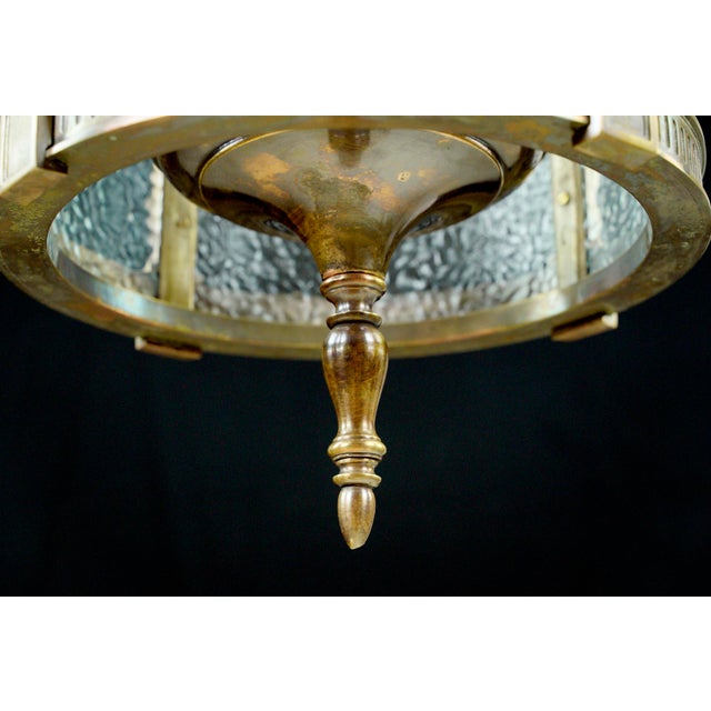 Metal 1940s Federal Bronze Clear Pebbled Glass Hanging Lantern For Sale - Image 7 of 11