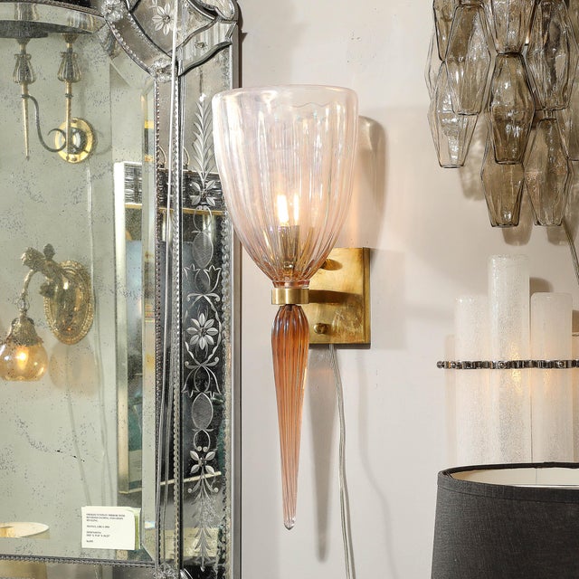 Modern Modernist Hand-Blown Iridescent Pink Murano Glass Fluted Sconces W/ Spike Drop For Sale - Image 3 of 12