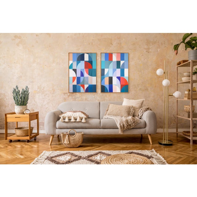 Blue 2026, Bauhaus Geometric Painting Diptych, Below the Sea Level, Acrylic Paint on Watercolor Paper by Natalia Roman For Sale - Image 8 of 10
