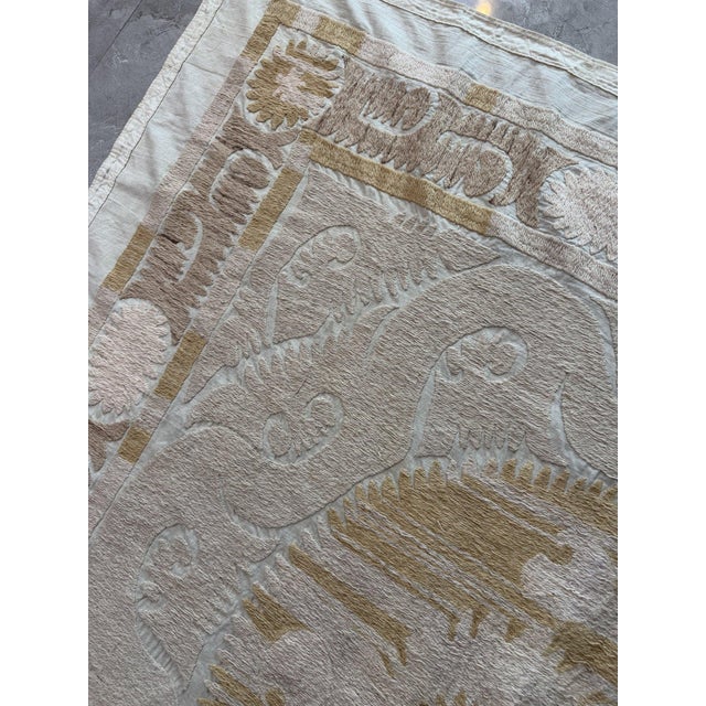 Textile Vintage Hand-Embroidered Neutral Tan Suzani From Bukhara 4'9'' X 4'10'' For Sale - Image 7 of 8