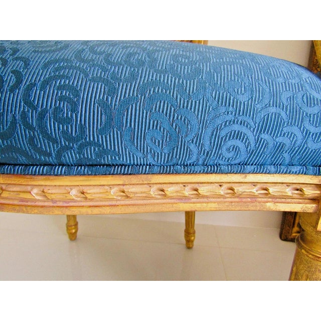 1940s French Louis XVI Style Fauteuil Chair Giltwood Frame Cane Oval Back Blue Fabric For Sale - Image 11 of 15