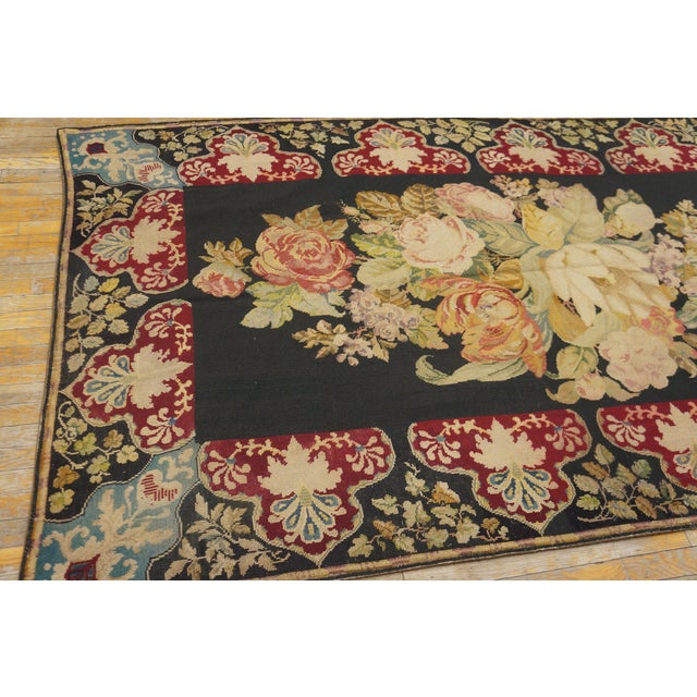 1890s Black Roses Folk Art Antique French Needlepoint Rug 5'2" X 8'8" Flatweave Wool Carpet For Sale - Image 4 of 6