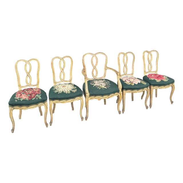 Vintage Rococo Style Wooden Floral Needlepoint Dining Chairs - Set of 4 (No Captain Chair) For Sale