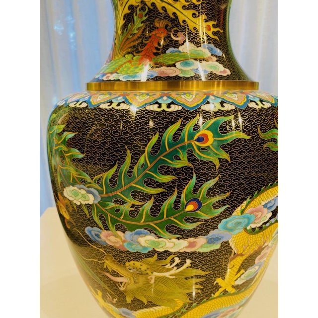 1940's Vintage Chinese Cloisonné Vase With Large Phoenix and Dragon Motif For Sale In Miami - Image 6 of 12