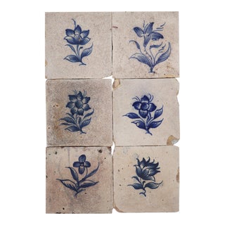 18th Century Antique Baroque Set of Six Flowers Tiles, Portuguese For Sale