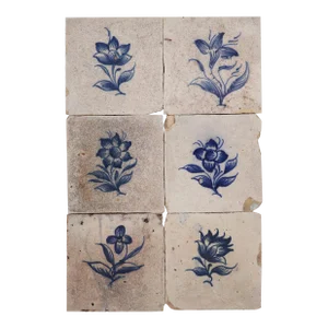 18th Century Antique Baroque Set of Six Flowers Tiles, Portuguese