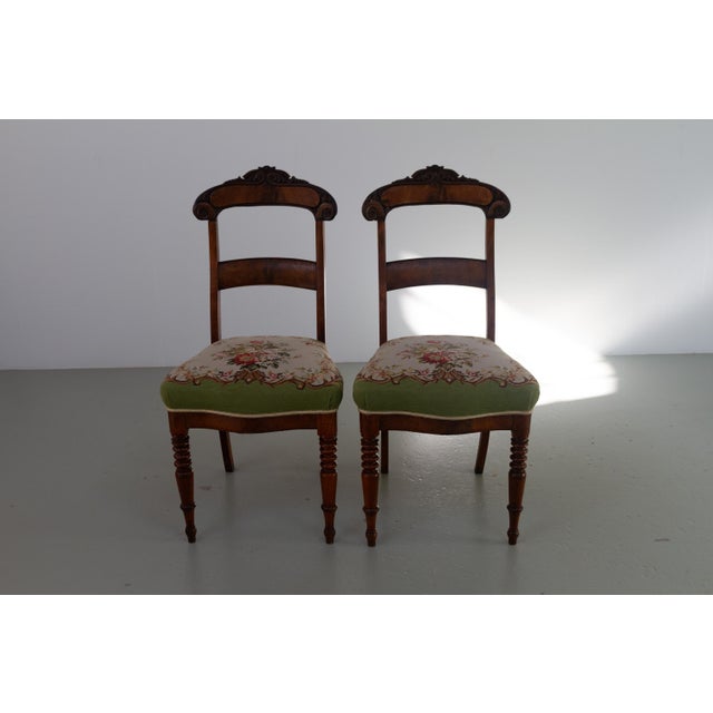 Danish Art Nouveau Chairs with Floral Needlepoint Seats, 1900s. Set of 2. Very decorative pair of matching antique side...
