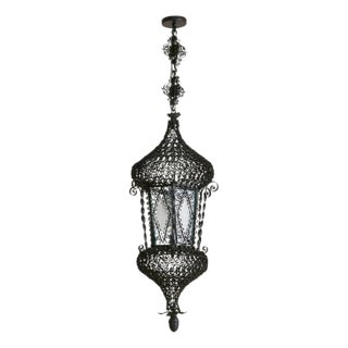 Early 1900s Italian Wrought Iron + Glass Lantern Pendant For Sale