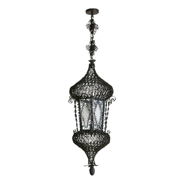 Early 1900s Italian Wrought Iron + Glass Lantern Pendant For Sale