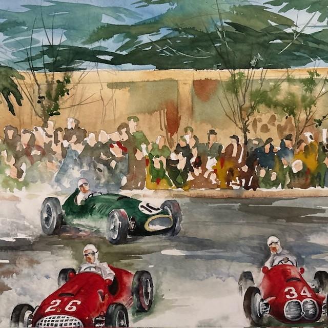 Mid-Century Modern Pena-Rhin Grand Prix Auto Race Barcelona 1950 Watercolor Painting, Leonard Williams For Sale - Image 3 of 7