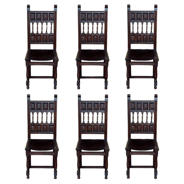 19th Set of Six Spanish Carved Chairs with Leather Seat and Back For Sale - Image 15 of 18