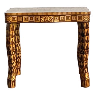 Vintage Boho Wood Marquetry Side Table For Sale