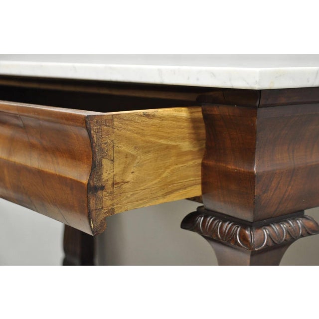 Brown Antique French Empire Mahogany White Marble Top Console Hall Table W/ Drawer For Sale - Image 8 of 18